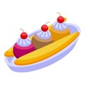 Cherry banana split icon isometric vector. Cream bowl