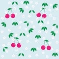 Cherry berries, flowers and leaves on a light blue background. Seamless pattern. Royalty Free Stock Photo