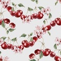 Cherry berries with flowers and leaves, watercolor floral seamless pattern on blue background for table textile, package Royalty Free Stock Photo