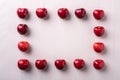 Cherry berries frame pattern macro texture on wooden white background and water drops top view