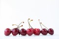 Cherry berries stand in a row on a white background. Copy space for your text