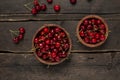 Fresh cherries on a wooden board woth empty space background on a wooden table Royalty Free Stock Photo