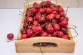 Cherry berries on a wooden tray on a white background Royalty Free Stock Photo