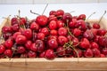 Cherry berries on a wooden tray on a white background. close-up Royalty Free Stock Photo