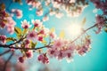 Cherry blooming. Spring blossom tree pink flowers and abstract background with bokeh sunlights. generative ai Royalty Free Stock Photo