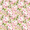 Cherry blossom, apple pink flowers, hearts. Floral repeating pattern for Valentine day or wedding. Watercolor Royalty Free Stock Photo