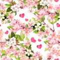 Cherry blossom, apple pink flowers, hearts. Floral repeating pattern for Valentine day or wedding. Watercolor Royalty Free Stock Photo