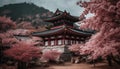 Cherry blossom blooms in ancient pagoda garden generated by AI