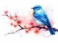 Cherry blossom and blue bird. Watercolor vector illustration. Generative AI Royalty Free Stock Photo