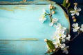 Cherry blossom on blue wooden table