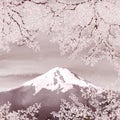 Cherry blossom branch on Fuji mountain landscape watercolor romantic view Spring Sakura blooming trees Japanese illustration