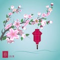 Cherry blossom branch, lantern, and japanese hieroglyphs \