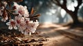 cherry blossom branch in misty garden Royalty Free Stock Photo