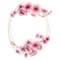 Cherry blossom, cherry blossom branch with pink flowers in a Golden oval frame on a white isolated background. Image of spring.