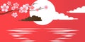 Cherry blossom branch on red. Sun setting on water. Royalty Free Stock Photo