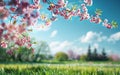 Cherry blossom branches overhang a lush meadow, a serene tableau of spring's awakening under a tranquil sky