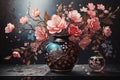Cherry blossom branches in a vase on a dark background. Acrylic painting. Generative AI Royalty Free Stock Photo