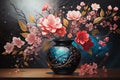 Cherry blossom branches in a vase on a dark background. Acrylic painting. Generative AI Royalty Free Stock Photo