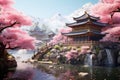 cherry blossom and chinese temple in spring time, asia, A blooming cherry blossom garden with a traditional Japanese tea house, AI Royalty Free Stock Photo