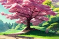 Cherry Blossom Delight - Cute and Colorful Watercolor Painting of a Single Sakura Tree