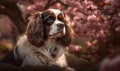 Cherry Blossom Dreams Photo of Japanese Spaniel in Traditional Garden surrounded by blooming cherry blossom trees showcasing the