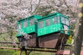 Cherry Blossom Festival at Funaoka Castle Ruin Park,Shibata,Miyagi,Tohoku,Japan on April12,2017:Slope car passing sakura tunnel Royalty Free Stock Photo