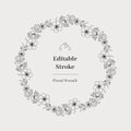 Cherry blossom floral wreath thin line art, Vector editable stroke width, Floral outline wreath customizable outline, Round floral Royalty Free Stock Photo