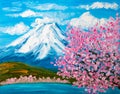 Cherry blossom and Fuji, oil painting. Royalty Free Stock Photo