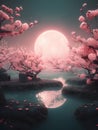 Cherry blossom and full moon in the night,3d render Royalty Free Stock Photo