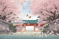 cherry blossom garden, with blooms in full bloom and butterflies fluttering among them