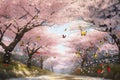 cherry blossom garden, with blooms in full bloom and butterflies fluttering among them