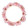 Cherry blossom. Invitation, card, banner with watercolor pink cherry blossoms. Blank template. Hand drawing. Round frame Royalty Free Stock Photo