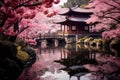 cherry blossom in japanese garden with lake and bridge, A blooming cherry blossom garden with a traditional Japanese tea house, AI Royalty Free Stock Photo