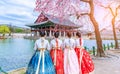 Cherry Blossom with Korean national dress at Gyeongbokgung Palace Seoul,South Korea Royalty Free Stock Photo