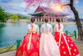 Cherry Blossom with Korean national dress at Gyeongbokgung Palace Seoul,South Korea Royalty Free Stock Photo