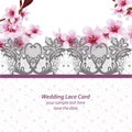 Cherry blossom Lace card frame. Spring delicate flowers Wedding Invitation. Place for text. Vector illustration