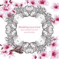 Cherry blossom Lace card frame. Spring delicate flowers Wedding Invitation. Place for text. Vector illustration