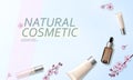 Cherry blossom organic cosmetic ad template. Skincare essence vitamin creme pink spring flower 3D realistic detailed