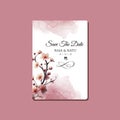 cherry blossom patterned wedding invitations and save the date with a pink alcohol water theme