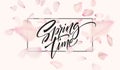 Cherry blossom petal background with Spring time lettering. Vector illustration Royalty Free Stock Photo