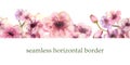Cherry blossom. Repetition of summer horizontal border. Watercolor compositions for the design of greeting cards or