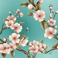 Cherry blossom seamless pattern. Sakura tree on light blue background. Japanese style Royalty Free Stock Photo