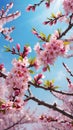 Cherry blossom in spring, pink flowers on blue sky background.