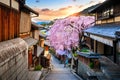 Cherry blossom in springtime at the historic Higashiyama district, Kyoto in Japan.