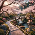 Cherry Blossom Tranquility - Bridge in a Blooming Garden