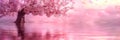 Cherry blossom tranquility lush tree in bloom against pink sky, petals drifting, pond reflection Royalty Free Stock Photo