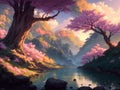 Cherry Blossom Tree Fantasy Forest: A Breathtaking Landscape in Oil by Gregory Manchess