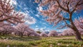 A cherry blossom tree field with a blue sky and white clouds in the background Royalty Free Stock Photo