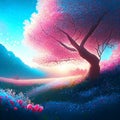 Cherry blossom tree in the field. 3d illustration. AI Generated Royalty Free Stock Photo