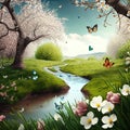 Cherry Blossom Tree with River, Flowers and Butterflies Royalty Free Stock Photo